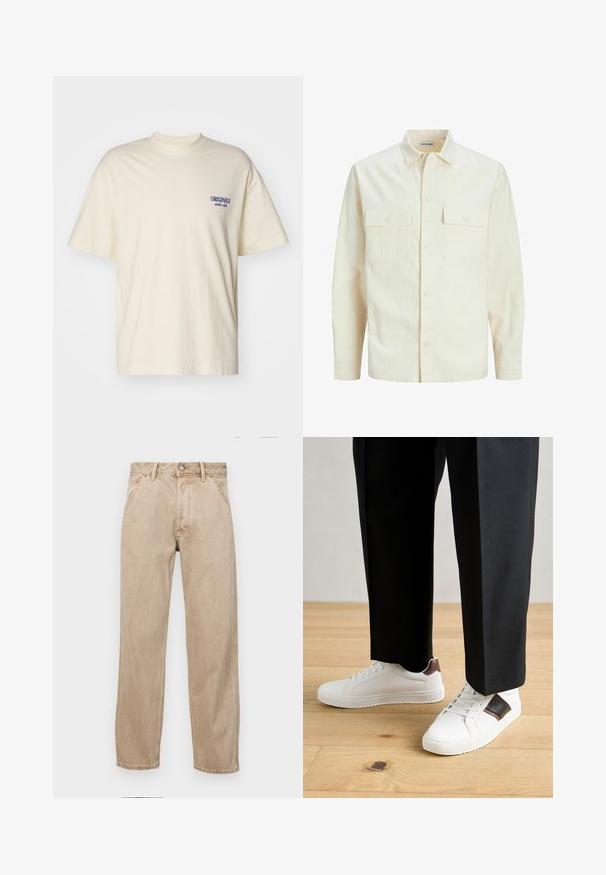 Vaaleanbeige pitkähihaisen paidan, jossa on kaulukset, kaksi etutaskua, nappikiinnitys ja tekstiilissä on tekstuuria.; Lyhythihainen kermavärinen t-paita, joka on valmistettu puuvillasta. Vasemmassa rinnassa on pieni sininen "ORIGINALS" -logo. Klassinen istuvuus ja pyöreä kaula-aukko.; Beige farkkuhousut suoranlahkeisella muotoilulla, joissa on etutaskut, metallinen nappisulku ja hillitty rakenne.; Valkoiset tennarit, joissa on sileä pinta, ruskealla nahka-akentilla ja mustilla yksityiskohdilla, yhdistetty mustiin räätälöityihin housuihin. Taustalla puulattia.
