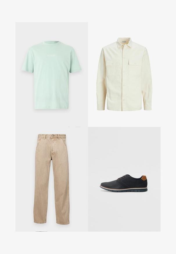 Lys beige langærmet skjorte med krave, to forlommer, knaplukning og et tekstureret stof.; Lys myntegrøn bomulds t-shirt med rund hals, korte ærmer og en lille hvid tekstgrafik på brystet. Glat tekstur og afslappet pasform.; Beige denimjeans med lige bendesign, med forlommer, metalknaplukning og subtil struktur.; Sorte syntetiske sko med en tekstureret overdel, glatte accenter, brun hæl og en kontrasterende sål. Har minimale snørebånd og syningsdetaljer.