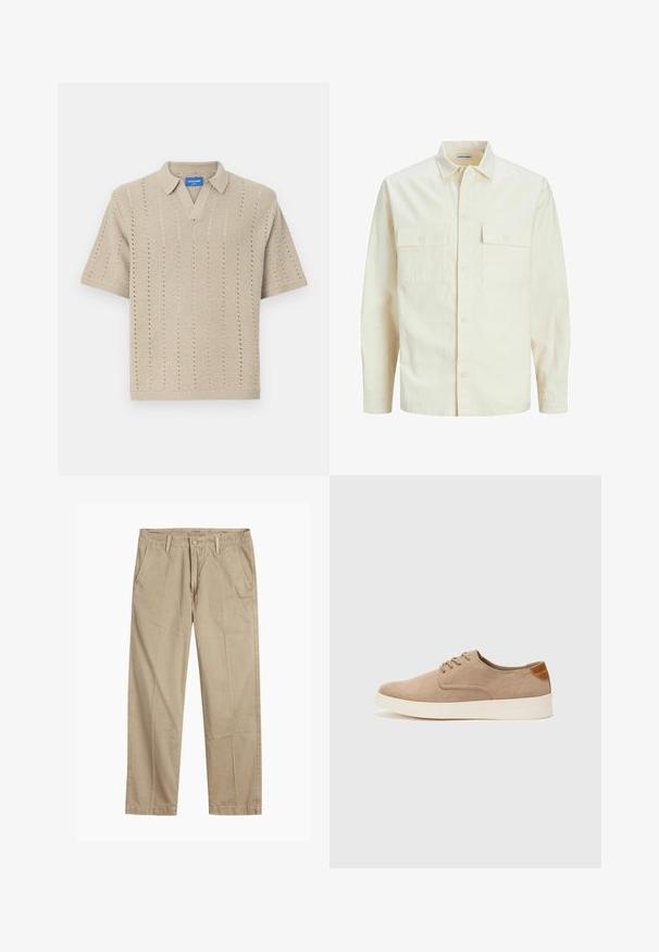 Camicia beige chiaro a maniche lunghe con colletto, due tasche frontali, chiusura a bottoni e un tessuto texturizzato.; Polo shirt a maniche corte beige in maglia con scollatura a V, motivi a righe verticali e bordi a costine. Tessuto leggero e testurizzato.; Chinos beige a gamba dritta con passanti per cintura, chiusura frontale a bottone e zip, e tasche laterali inclinati.; Sneaker in suede beige con punta arrotondata, stringhe davanti e un accento testurizzato sul retro. La suola in gomma bianca offre un contrasto. Design semplice e moderno.