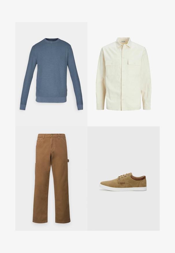 Šviesiai smėlio spalvos ilgomis rankovėmis marškiniai su apykakle, dviem priekinėmis kišenėmis, mygtukų uždarymu ir tekstūruota medžiaga.; Mėlynas apvalios iškirptės džemperis su tekstūruotu paviršiumi, priglundančiais rankogaliais ir subtiliu logotipo siuvinėjimu ant krūtinės. Minkšta medžiaga ir laisvalaikio dizainas.; Rudos medvilniniai cargo džinsai tiesiomis kojomis, su šoninėmis kišenėmis ir metaliniu mygtuko uždarymu ties liemeniu. Lygi tekstūra ir kasdieniškas dizainas.; Tan odiniai sportbačiai su balta guma, rudi odos akcentai ant kulno ir sidabriniai akių iki raištelių. Paprastas, suapvalintas dizainas.