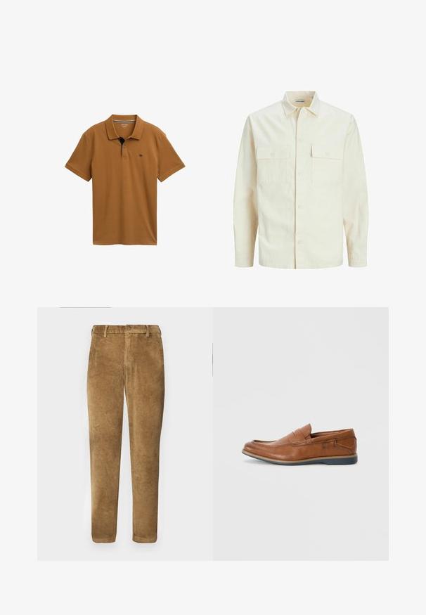 Cămașă lungă cu mâneci lungi de culoare bej deschis, cu guler, două buzunare frontale, închidere cu butoane și un material texturat.; Polo de culoare maro, fabricat din bumbac fin, cu guler clasic, plasă cu trei nasturi și detalii contrastante de culoare bleumarin pe guler.; Pantaloni din cânepă brown cu textură ribbed vertical, croială dreaptă, închidere cu nasture și bucle pentru curea. Țesătură netedă cu un finisaj moale.; Mocasini din piele maro cu vârf rotund, accente cusute și talpă joasă din cauciuc. Designul include o bandă pe partea superioară.
