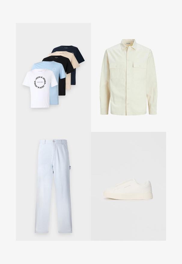 Kergedbež pika-särk pikkade varrukatega, krae ja kahe eespool asuva taskuga, nööpidega kinnitamine ja reljeefne materjal.; Viie T-särgi komplekt valges, helesinis, mustas, beežis ja tumesinis. Ümmarguse kaelusega stiil, graafiline trükk valgetel ja helesinistel särkidel.; Heled sinised triibulised püksid, mis on valmistatud puuvillast. Sirge jala disain, esine nupuvajutusega kinniti ja küljetaskud. Pehme tekstuur.; Valged libisemiskindlad tossud tekstuuriga pinnaga, paksu tallaga ja minimalistikus disainis. Küljel on brändi logo.