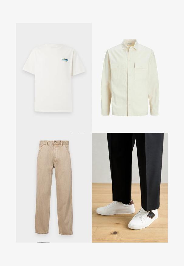 Camisa de manga larga color beige claro con cuello, dos bolsillos frontales, cierre de botones y una tela texturizada.; Camiseta de algodón blanca con mangas cortas, que presenta un diseño gráfico colorido en el área del pecho izquierdo que representa un pez y texto.; Jeans de mezclilla beige con un diseño de pierna recta, que cuentan con bolsillos frontales, cierre de botón de metal y una textura sutil.; Zapatillas blancas con textura suave, con acentos de cuero marrón y detalles en negro, combinadas con pantalones negros ajustados. Fondo de suelo de madera.