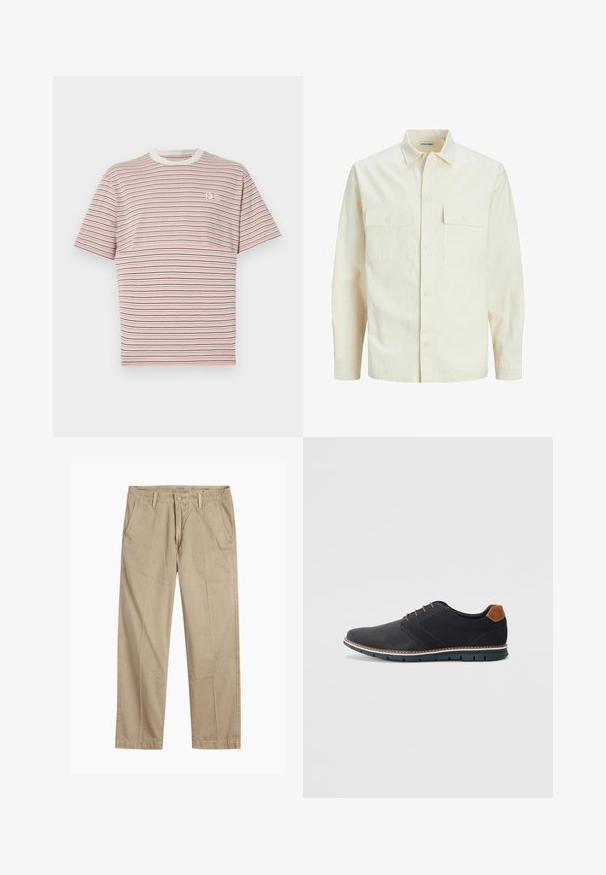 Gai bēšs garām piedurknēm krekls ar apkakles izgriezumu, divām priekšējām kabatām, pogu aizdari un teksturētu audumu.; Svītrainā T-kreklā ir horizontālas līnijas rozā, tumši zila un baltā krāsā. Ribota apaļa kakla izgriezne un mazs logo uz krūškurvja. Izgatavots no kokvilnas.; Beigās taisnās kājas chinos bikses ar jostas cilpām, priekšējo pogu un rāvējslēdzēja aizdari, kā arī slīpām priekšējām kabatām.; Melni sintētiskie apavi ar struktūru augšdaļā, gludu akcentu, brūnu papēdi un kontrastējošu zoli. Iezīmē minimālu šņorēšanu un šuvju detaļas.