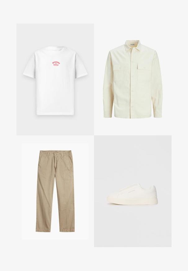 Kergedbež pika-särk pikkade varrukatega, krae ja kahe eespool asuva taskuga, nööpidega kinnitamine ja reljeefne materjal.; Valge puuvillane t-särk, millel on punane trükitud disain, mis ütleb "Perdido en el paraíso" rinna kohal, lühikesed varrud, vabalt langev lõige.; Beeži sirged säärte chinos-püksid, millel on vööloopide, esipainutatud nupud ja tõmblukk ning kaldega esikotid.; Valged libisemiskindlad tossud tekstuuriga pinnaga, paksu tallaga ja minimalistikus disainis. Küljel on brändi logo.