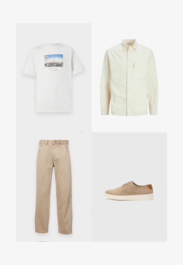 Lys beige langærmet skjorte med krave, to forlommer, knaplukning og et tekstureret stof.; Hvid bomulds t-shirt med korte ærmer, der har et fotografisk print af en bilvask og håndskrevet tekst under billedet.; Beige denimjeans med lige bendesign, med forlommer, metalknaplukning og subtil struktur.; Beige ruskinds sneakers med rund tå, snørebånd foran og en struktureret rygdetalje. Hvid gummisål giver kontrast. Enkel og moderne design.