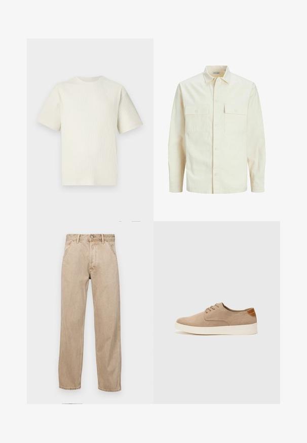Lys beige langærmet skjorte med krave, to forlommer, knaplukning og et tekstureret stof.; Lys beige ribbet t-shirt med korte ærmer og rund halsudskæring, præsenteret mod en ensfarvet hvid baggrund.; Beige denimjeans med lige bendesign, med forlommer, metalknaplukning og subtil struktur.; Beige ruskinds sneakers med rund tå, snørebånd foran og en struktureret rygdetalje. Hvid gummisål giver kontrast. Enkel og moderne design.