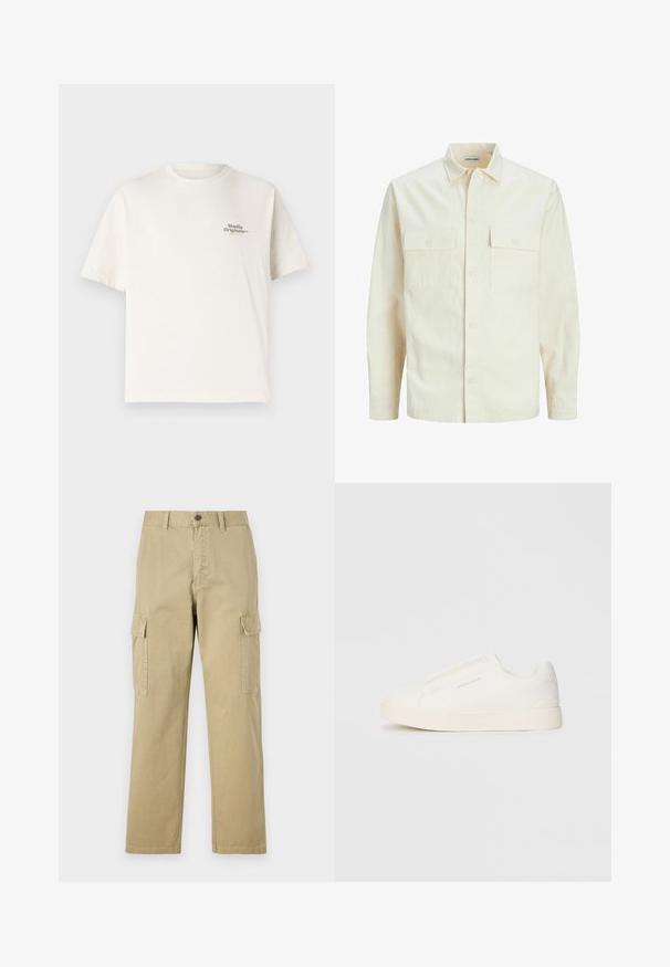 Šviesiai smėlio spalvos ilgomis rankovėmis marškiniai su apykakle, dviem priekinėmis kišenėmis, mygtukų uždarymu ir tekstūruota medžiaga.; Off-white trumpas rankovės marškinėliai, pagaminti iš medvilnės, su apvalia apykakle ir mažuoju "Studio Originals" logotipu, atspausdintu ant krūtinės.; Kreminės spalvos cargos kelnės, pagamintos iš medvilnės, su dviem šoninėmis kišenėmis, mygtukų užsegimu ir tiesiomis kojomis, šiek tiek tekstūruotu audiniu.; Baltos slip-on sportbačiai su tekstūruota paviršiumi, storesniu padu ir minimalistišku dizainu. Šone matosi prekės ženklo logotipas.