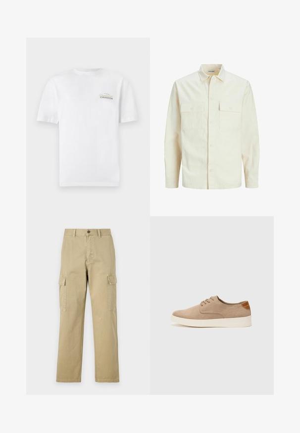 Világos bézs színű, hosszú ujjú ing, galléros nyakkal, két elülső zsebbel, gombos záródással és struktúrált anyaggal.; Fehér pamut póló rövid ujjakkal, kerek nyakkivágással, és egy kis fekete-sárga nyomtatott logóval, ami "Cancun" feliratot tartalmaz.; Beige vászon cargo nadrág, két oldalsó zsebbel, gombos záródással, egyenes lábakkal és enyhén texturált anyagból készült.; Beige velúr sportcipő, kerek orral, fűzős elülső résszel és textúrált hátsó részlettel. Fehér gumitalp kontrasztot ad. Egyszerű és modern design.