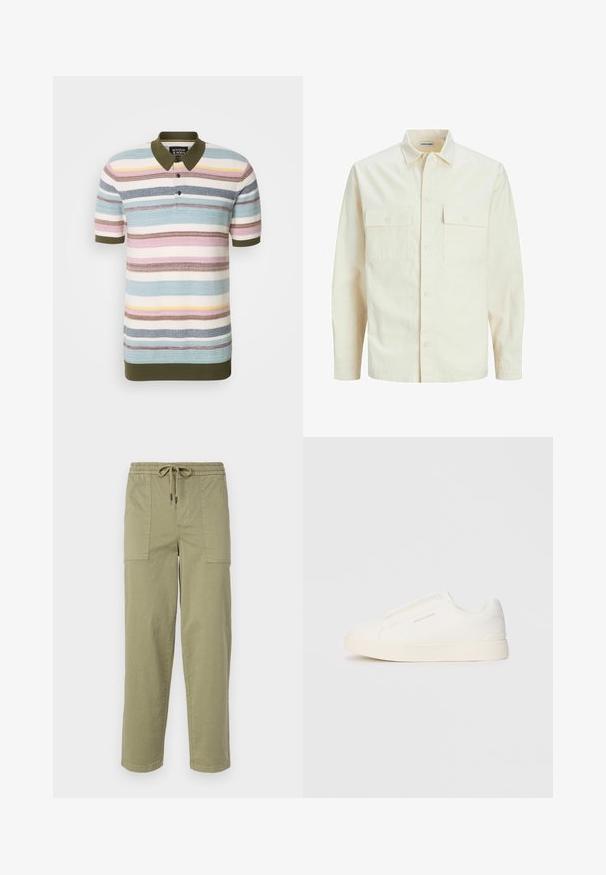 Šviesiai smėlio spalvos ilgomis rankovėmis marškiniai su apykakle, dviem priekinėmis kišenėmis, mygtukų uždarymu ir tekstūruota medžiaga.; Scotch & Soda STRUCTURE - Polo marškinėliai - multi-coloured; Šviesiai alyvuogių žalios spalvos kelnės, pagamintos iš medvilnės mišinio, su elastingu liemeniu ir raišteliu, bei dviem didelėmis šoninėmis kišenėmis.; Baltos slip-on sportbačiai su tekstūruota paviršiumi, storesniu padu ir minimalistišku dizainu. Šone matosi prekės ženklo logotipas.