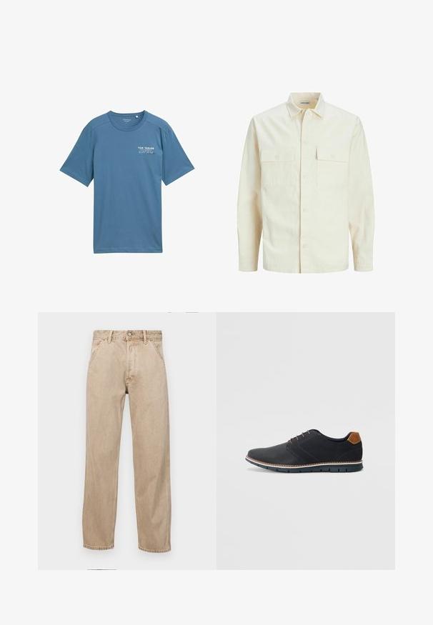 Šviesiai smėlio spalvos ilgomis rankovėmis marškiniai su apykakle, dviem priekinėmis kišenėmis, mygtukų uždarymu ir tekstūruota medžiaga.; Mėlynas medvilninis marškinėliai su trumpomis rankovėmis, apvaliu iškirpimu ir subtiliu spaudiniu kairėje krūtinės pusėje. Minkšta tekstūra, laisvas siluetas.; Smėlio spalvos džinsai su tiesia kojų siluetu, turintys priekinę kišenę, metalinį mygtuką ir subtilią tekstūrą.; Juodi sintetiniai batai su tekstūruotu paviršiumi, lygiomis detalėmis, ruda kulna ir kontrastingu padu. Yra minimalus raištelių užsidėjimas ir siuvimo detalės.