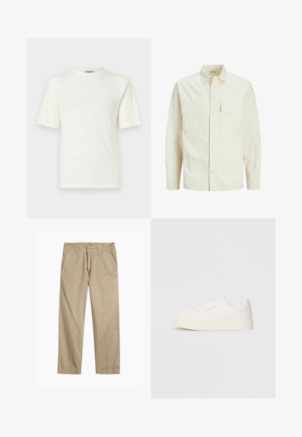 Lichtbeige langemouwen shirt met een kraaghalslijn, twee voorzakken, knoopsluiting en een gestructureerde stof.; Witte T-shirt met korte mouwen, gemaakt van textuurstof met een subtiel horizontaal patroon. Ronde halsontwerp, losse pasvorm.; Beige rechte pijpen chinos met riemlussen, voorkant met knoop en rits sluiting, en schuine voorzakken.; Witte instap sneakers met een gestructureerd oppervlak, een dikke zool en een minimalistisch ontwerp. Bevat het merklogo aan de zijkant.