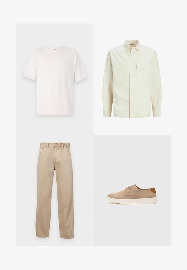 Cămașă lungă cu mâneci lungi de culoare bej deschis, cu guler, două buzunare frontale, închidere cu butoane și un material texturat.; Tricou scurt cu mânecă albă, fabricat din bumbac moale. Are un guler rotund și o croială lejeră. Textură netedă, fără modele sau accente.; Jeans din denim bej cu un design drept, care prezintă buzunare frontale, închidere cu buton metalic și o textură subtilă.; Tenisi din suede bej cu vârf rotund, sistem de șireturi în față și un accent texturat în spate. Talpa albă din cauciuc oferă un contrast. Design simplu și modern.