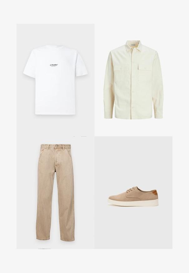 Svijetlo bež košulja dugih rukava s ovratnikom, dva prednja džepa, zatvaranje na dugmad i teksturirani materijal.; Bijela pamučna majica s kratkim rukavima. Ima mali crni logotip s natpisom "JJ Studios" na prsima. Jednostavan, neukrašen dizajn.; Bež teksas traperice ravnog kroja, s prednjim džepovima, metalnim zakopčavanjem i suptilnom teksturom.; Bež nubuk tenisice s okruglim vrhom, vezanjem sprijeda i teksturiranim stražnjim naglaskom. Bijela gumena potpetica pruža kontrast. Jednostavan i moderan dizajn.