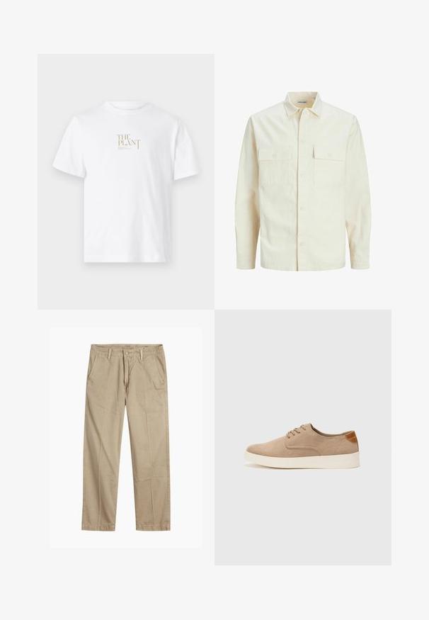 Svetlo bež srajca z dolgimi rokavi, ovratnim izrezom, dvema sprednjima žepoma, zapenjanjem na gumbe in teksturirano tkanino.; Bela bombažna majica z zlatim napisom "THE PLANT" natisnjenim na sprednji strani. Kratke rokave in klasičen kroj s krožnim izrezom.; Bežne bež hlače ravnega kroja z zanko za pas, sprednjim gumbom in zadrgo ter bočnimi žepki.; Bež tkanine usnjene superge z zaobljenim nosom, vezalkami na sprednji strani in teksturiranim zadnjim detajlom. Belo gumijasto podplato zagotavlja kontrast. Enostaven in sodoben dizajn.