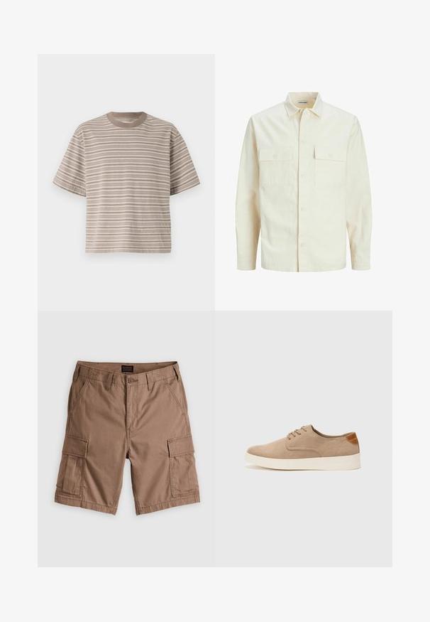 Camisa de manga larga color beige claro con cuello, dos bolsillos frontales, cierre de botones y una tela texturizada.; Camiseta de manga corta a rayas en tonos beiges, de cuello redondo, con tejido suave, corte relajado, que presenta rayas horizontales alternadas en tonos claros y oscuros.; Pantalones cortos cargo marrones de algodón, con múltiples bolsillos laterales, cierre de botón y un diseño de frente plano. Textura suave, estilo casual.; Zapatillas de ante beige con puntera redondeada, cordones en la parte delantera y un acento texturizado en la parte trasera. La suela de goma blanca proporciona contraste. Diseño sencillo y moderno.