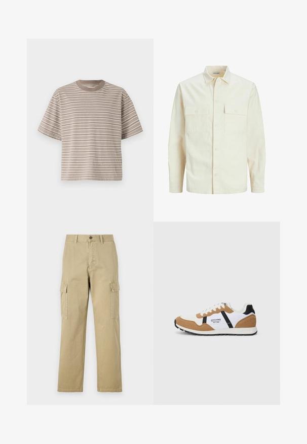 Vaaleanbeige pitkähihaisen paidan, jossa on kaulukset, kaksi etutaskua, nappikiinnitys ja tekstiilissä on tekstuuria.; Raitapaita lyhyillä hihoilla beigeissä sävyissä, pyöreä kaula-aukko, pehmeä kangas, rento istuvuus, jossa on vuorottelevia vaaleita ja tummia vaakaraidoituksia.; Beige cargo-housut, jotka on valmistettu puuvillasta, ja niissä on kaksi sivutaskua, napp Closure ja suorat lahkeet, joissa on hieman teksturoitu kangas.; Retro-tyylinen lenkkitossu, jossa on valkoista, vaaleanruskeaa mokkaa, mustia yksityiskohtia, valkoiset nauhat ja "Jack & Jones EST. 1990" -logo sivussa.