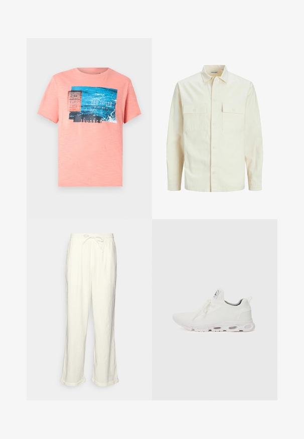 Camisa de manga larga color beige claro con cuello, dos bolsillos frontales, cierre de botones y una tela texturizada.; Camiseta de manga corta en color melocotón, con un estampado gráfico en azul y negro, que incluye texto y detalles de textura de agua. Tejido suave y ligero.; Pantalones de lino en color blanco roto con cintura elástica regulable, perneras ligeramente anchas y puños doblados para un ajuste relajado. Sin bolsillos.; Zapatillas deportivas blancas con un upper de punto texturizado, cordones planos y una suela acolchada con cámaras de aire visibles para mayor soporte.