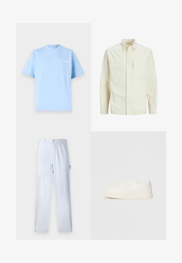 Gai bēšs garām piedurknēm krekls ar apkakles izgriezumu, divām priekšējām kabatām, pogu aizdari un teksturētu audumu.; Gaiši zils kokvilnas T-krekls ar īsām piedurknēm, apaļu dekoltē, un baltajiem burtiem "LES CLASSIQUES" uzdrukātiem uz priekšpuses. Gluda tekstūra, brīvs piegriezums.; Gaiši zilu svītru bikses, kas izgatavotas no kokvilnas. Tiešā kāja, ar priekšējo pogu aizdari un sānu kabatām. Mīksta tekstūra.; Baltas slip-on sporta apavi ar teksturētu virsmu, biezu zoli un minimālistisku dizainu. Sānos redzams zīmola logotips.