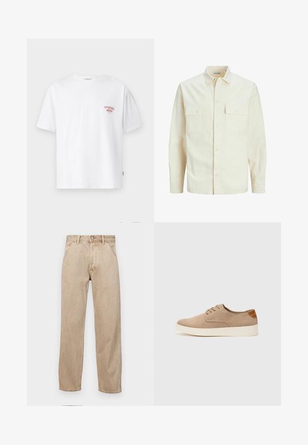 Light beige long-sleeve shirt with a collared neckline, two front pockets, button closure, and a textured fabric.; White cotton t-shirt with short sleeves and a crew neck, featuring a small red graphic text on the left chest area.; Beige denim jeans with a straight leg design, featuring front pockets, a metal button closure, and subtle texture.; Beige suede sneakers with a rounded toe, lace-up front, and a textured back accent. White rubber sole provides contrast. Simple and modern design.