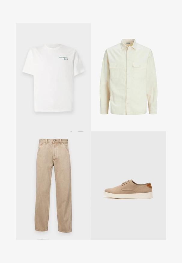 Světle béžová košile s dlouhým rukávem, límečkem, dvěma předními kapsami, zapínáním na knoflíky a strukturovanou tkaninou.; Bílý bavlněný tričko s kulatým výstřihem. Na přední straně se nachází zelený text: "PARK MOTEL Resort." Krátké rukávy a volný střih. Hladký povrch.; Béžové džíny z denimu se středně širokým střihem, vybavené předními kapsami, kovovým zapínáním na knoflík a jemnou texturou.; Béžové semišové tenisky s kulatou špičkou, šněrováním vpředu a texturovaným zadním akcentem. Bílá gumová podrážka poskytuje kontrast. Jednoduchý a moderní design.