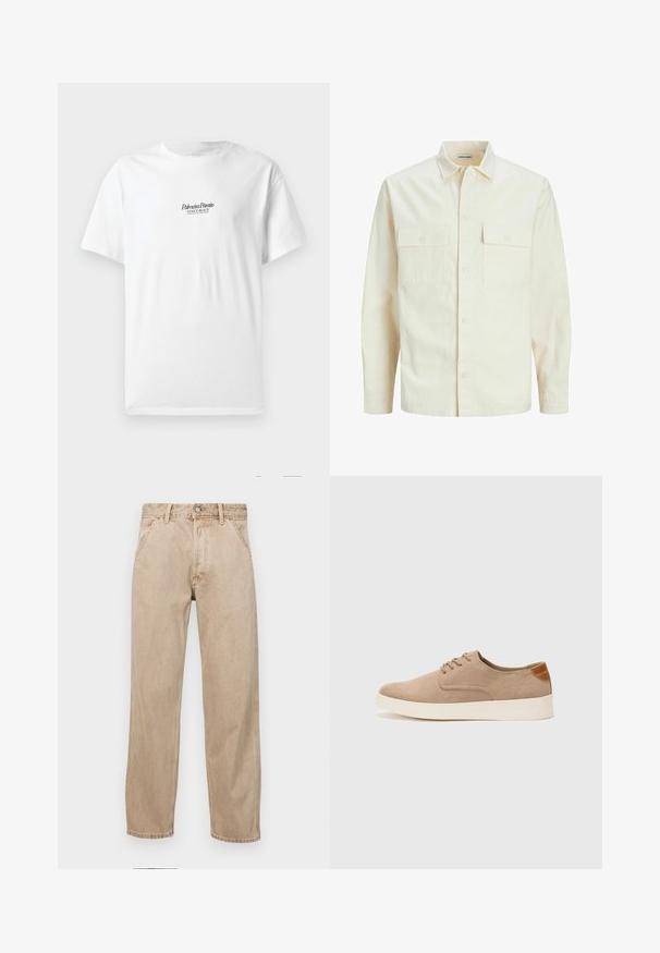 Světle béžová košile s dlouhým rukávem, límečkem, dvěma předními kapsami, zapínáním na knoflíky a strukturovanou tkaninou.; Bílý bavlněný tričko s krátkým rukávem, s textem "Palmiera Pantó" a "VENICE BEACH" v černém písmu na přední straně.; Béžové džíny z denimu se středně širokým střihem, vybavené předními kapsami, kovovým zapínáním na knoflík a jemnou texturou.; Béžové semišové tenisky s kulatou špičkou, šněrováním vpředu a texturovaným zadním akcentem. Bílá gumová podrážka poskytuje kontrast. Jednoduchý a moderní design.