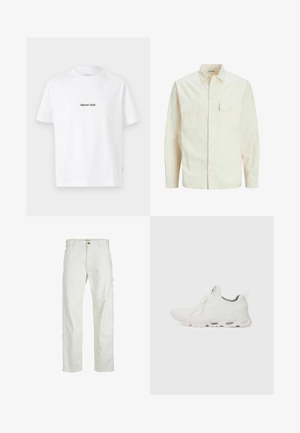 Šviesiai smėlio spalvos ilgomis rankovėmis marškiniai su apykakle, dviem priekinėmis kišenėmis, mygtukų uždarymu ir tekstūruota medžiaga.; Balta medvilninė marškinėlių su trumpomis rankovėmis, ant krūtinės su mažuoju juodu "Originals Studio" logotipu ir tekstūruotu etikete ant apvado.; Balti cargo kelnės su laisvu siluetu, priekyje su mygtukų užsegimu ir keliomis šoninėmis kišenėmis, pagamintos iš patvaraus medvilninio audinio.; Baltos sportinės detalės batai su tekstūruotu megztu viršumi, plokščiais raišteliais ir paminkštintu padu, kuriame matomos oro kameros papildomam palaikymui.