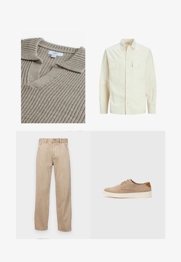 Camicia beige chiaro a maniche lunghe con colletto, due tasche frontali, chiusura a bottoni e un tessuto texturizzato.; Maglione beige lavorato a maglia con una texture a coste, dotato di scollo a V e colletto piatto. Il tessuto appare morbido e caldo. Etichetta del marchio visibile.; Jeans in denim beige con un design a gamba dritta, dotati di tasche frontali, chiusura con bottone metallico e una texture delicata.; Sneaker in suede beige con punta arrotondata, stringhe davanti e un accento testurizzato sul retro. La suola in gomma bianca offre un contrasto. Design semplice e moderno.