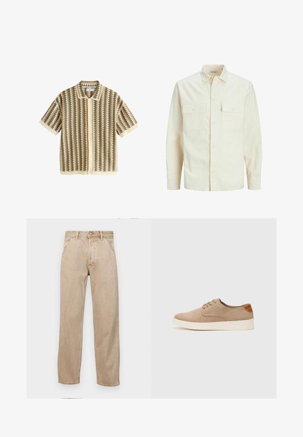 Vaaleanbeige pitkähihaisen paidan, jossa on kaulukset, kaksi etutaskua, nappikiinnitys ja tekstiilissä on tekstuuria.; Next SHORT SLEEVE - Printtipaita - neutral sage green; Beige farkkuhousut suoranlahkeisella muotoilulla, joissa on etutaskut, metallinen nappisulku ja hillitty rakenne.; Beige nubuck-lenkkarit, joissa on pyöreä kärki, nauhakiinnitys ja teksturoitu takaosa. Valkoinen kumipohja tuo kontrastia. Yksinkertainen ja moderni muotoilu.