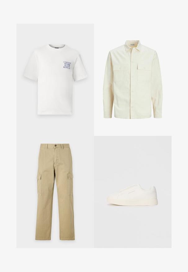 Lys beige langærmet skjorte med krave, to forlommer, knaplukning og et tekstureret stof.; Hvid bomulds T-shirt med en afslappet pasform, der har et blåt grafisk tekstdesign på venstre bryst, som læser "KAFFE ARBEJDE SOVE GENTAG".; Beige cargo bukser lavet af bomuld, med to sidelommer, knaplukning og lige ben i et let tekstureret stof.; Hvide slip-on sneakers med en struktureret overflade, en tyk sål og et minimalistisk design. Har brandlogoet på siden.