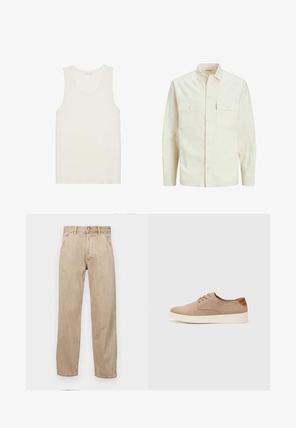 Svetlo bež srajca z dolgimi rokavi, ovratnim izrezom, dvema sprednjima žepoma, zapenjanjem na gumbe in teksturirano tkanino.; Rebrast top z belim rebrom, okroglo izrezan in širokimi naramnicami, izdelan iz mehkega, teksturiranega materiala, z ravnim robom.; Beige jeans iz džinsa s ravnim nogavicama, ki imajo sprednje žepe, kovinsko zapiranje in subtilno teksturo.; Bež tkanine usnjene superge z zaobljenim nosom, vezalkami na sprednji strani in teksturiranim zadnjim detajlom. Belo gumijasto podplato zagotavlja kontrast. Enostaven in sodoben dizajn.
