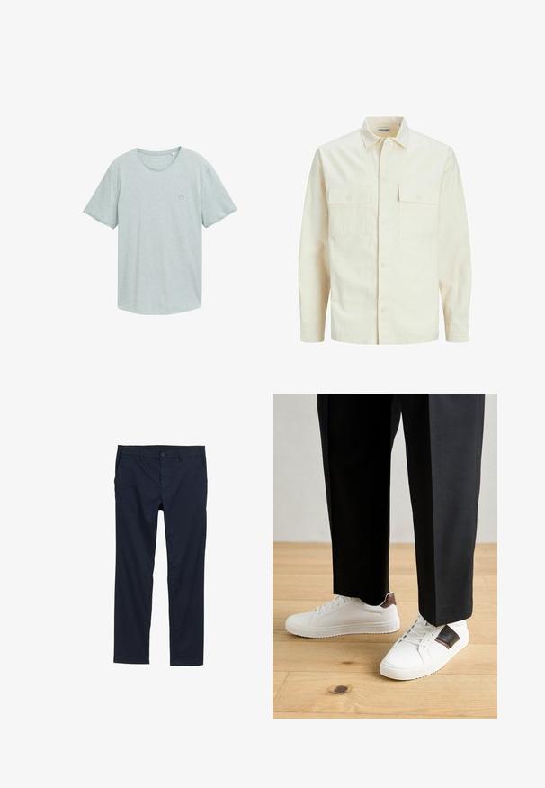 Lys beige langærmet skjorte med krave, to forlommer, knaplukning og et tekstureret stof.; Lys grå kortærmet t-shirt med rund halsudskæring, lavet af blødt bomuldsstof, med en lille logo accent på venstre bryst.; Navyblå letvægtsbukser med en glat overflade, lige ben design, knaplukning og sidelommer.; Hvide sneakers med glat tekstur, prydet med brune læderdetaljer og sorte detaljer, sammen med sorte skræddersyede bukser. Baggrund med trægulv.