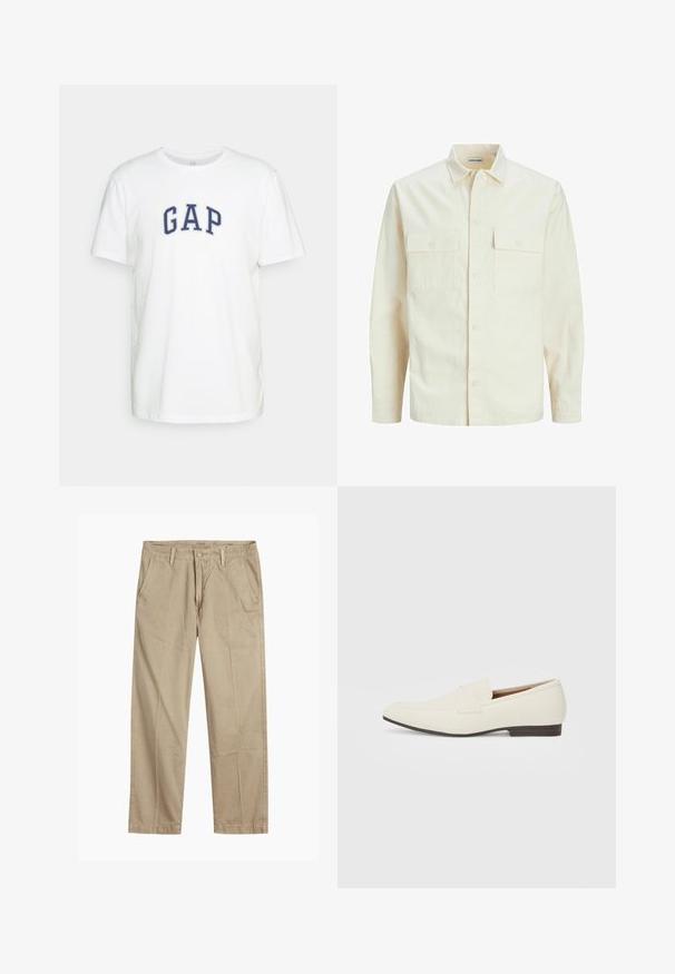 Camisa de manga larga color beige claro con cuello, dos bolsillos frontales, cierre de botones y una tela texturizada.; GAP NEW ARCH - Camiseta estampada - optic white; Chinos beige de pierna recta con trabillas para cinturón, cierre de botón y cremallera en la parte delantera, y bolsillos delanteros inclinados.; Mocasines beige claro con puntera puntiaguda, material suave, una correa a través del empeine y una suela baja marrón. Diseño simple con acentos mínimos.