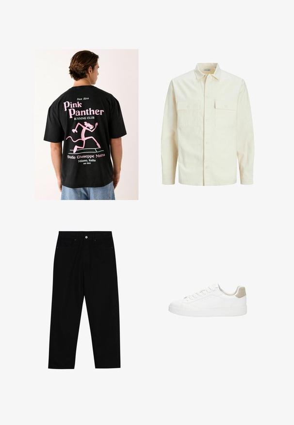 Camicia beige chiaro a maniche lunghe con colletto, due tasche frontali, chiusura a bottoni e un tessuto texturizzato.; Maglietta in cotone nera con una grande grafica di un pannello cartoon rosa, testo "Pink Panther Running Club" e dettagli sullo Stadio San Siro.; Pantaloni in denim nero con taglio dritto, design a cinque tasche e chiusura frontale con bottone. Tessuto liscio con dettagli di cucitura minimi.; Sneakers bianchi con tomaia in pelle liscia e punta rotonda. Presentano un cappuccio sul tallone in suede beige, lacci piatti e una suola in gomma bianca.