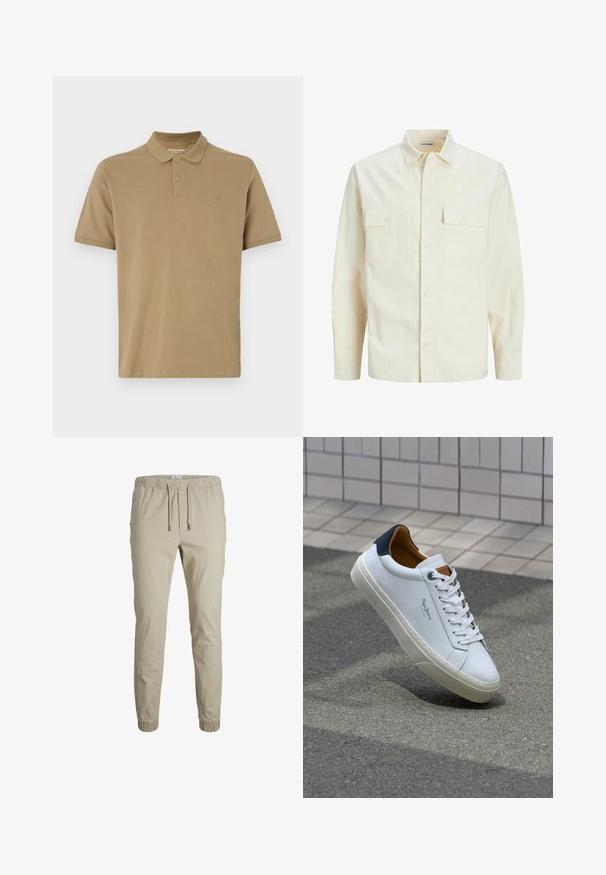 Šviesiai smėlio spalvos ilgomis rankovėmis marškiniai su apykakle, dviem priekinėmis kišenėmis, mygtukų uždarymu ir tekstūruota medžiaga.; Kaki polo marškiniai, pagaminti iš medvilnės, su apykakle, dviejų mygtukų užsegimu, trumpomis rankovėmis ir nedideliu logotipu ant krūtinės. Lygus paviršius.; Bežinės siaurėjančios sportinės kelnės su elastiniu juosmeniu, šniūreliais ir kulkšnies apyrankėmis, pagamintos iš minkštos medžiagos. Pasižymi lygiu tekstūra ir minimalistiniu dizainu.; Balti odiniai sportbačiai su mėlynu kulnu, apvalia nosimi ir kontrastingais rudais akcentais. Aptakios raišteliai ir tekstūruota guma.