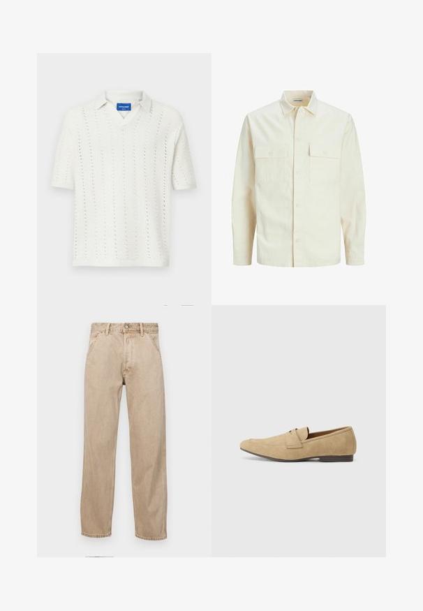 Lichtbeige langemouwen shirt met een kraaghalslijn, twee voorzakken, knoopsluiting en een gestructureerde stof.; Witte gebreide poloshirt met korte mouwen en een V-hals, met verticale patronen en een geribde zoom. Etiket zichtbaar bij de kraag.; Beige denim jeans met een recht gesneden ontwerp, voorzien van voorzakken, een metalen knoopsluiting en een subtiele textuur.; Beige suede loafers met een lichte glans, met een ronde neus, instapdesign en een lage bruine hak. Subtiele stiksels.