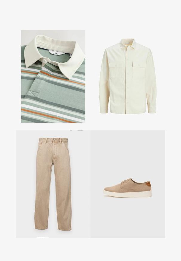 Šviesiai smėlio spalvos ilgomis rankovėmis marškiniai su apykakle, dviem priekinėmis kišenėmis, mygtukų uždarymu ir tekstūruota medžiaga.; Žalias ir baltas dryžuotas polo marškinėliai su kreminės spalvos apykakle ir trimis mygtukais, pagaminti iš tekstūruotos medžiagos, su subtiliais oranžiniais akcentais.; Smėlio spalvos džinsai su tiesia kojų siluetu, turintys priekinę kišenę, metalinį mygtuką ir subtilią tekstūrą.; Bežiniai zomšiniai sportbačiai su apvaliomis pirštų dalimis, raišteliais priekyje ir tekstūruotu užkulniu. Balta guma suteikia kontrastą. Paprastas ir modernus dizainas.