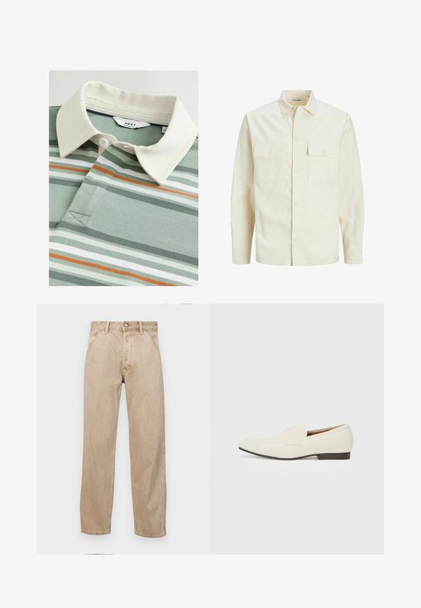 Šviesiai smėlio spalvos ilgomis rankovėmis marškiniai su apykakle, dviem priekinėmis kišenėmis, mygtukų uždarymu ir tekstūruota medžiaga.; Žalias ir baltas dryžuotas polo marškinėliai su kreminės spalvos apykakle ir trimis mygtukais, pagaminti iš tekstūruotos medžiagos, su subtiliais oranžiniais akcentais.; Smėlio spalvos džinsai su tiesia kojų siluetu, turintys priekinę kišenę, metalinį mygtuką ir subtilią tekstūrą.; Šviesiai smėliniai loaferiai su smailiu pirštu, lygaus paviršiaus, dirželiu per viršų ir žema ruda padanga. Paprastas dizainas su minimaliais akcentais.