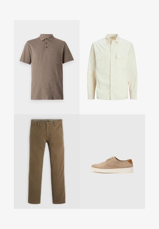 Svetlo béžová košeľa s dlhým rukávom, s golierom, dvoma prednými vreckami, zapínaním na gombíky a textúrovanou látkou.; Polo tričko s krátkym rukávom v svetlo hnedej farbe, vyrobené z mäkkej látky. Má golierový výstrih, tri gombíky a vrecko na hrudi.; Khaki bavlnené nohavice so strihom rovného nohu, s gombíkovým zapínaním, dvoma prednými vreckami a hladkou textúrou.; Béžové semišové tenisky s okrúhlou špičkou, šnurovaním vpredu a textúrovaným zadným akcentom. Biela gumová podrážka poskytuje kontrast. Jednoduchý a moderný dizajn.