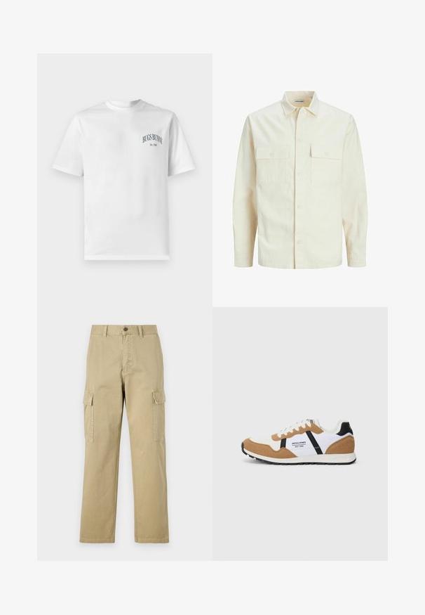 Chemise longue à manches longues beige clair avec un col, deux poches frontales, fermeture à boutons et un tissu texturé.; T-shirt en coton blanc à manches courtes, avec un texte "Bugs Bunny" en bleu marine et "Est. 1940" en dessous. Design classique avec col rond.; Pantalons cargo beiges en coton, dotés de deux poches latérales, d'une fermeture à bouton et de jambes droites avec un tissu légèrement texturé.; Baskets au style rétro avec du suède blanc et beige, des accents noirs, des lacets blancs et le logo "Jack & Jones EST. 1990" sur le côté.