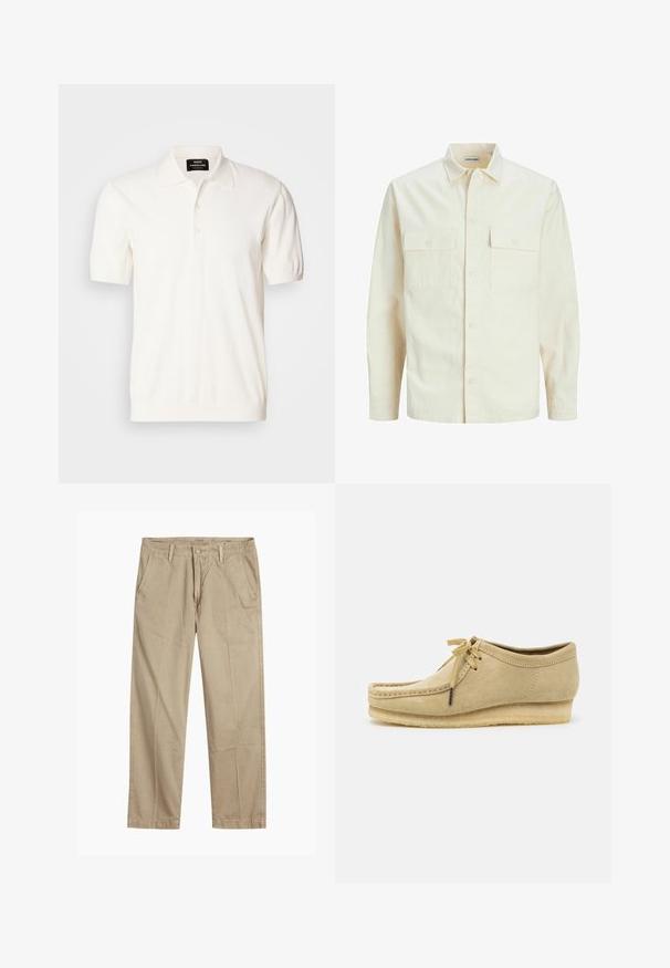 Svetlo béžová košeľa s dlhým rukávom, s golierom, dvoma prednými vreckami, zapínaním na gombíky a textúrovanou látkou.; Polo tričko s krátkym rukávom v off-white bavlne, s klasickým golierom a zapínaním na tri gombíky, s hladkým a jemným povrchom.; Béžové chinos nohavice rovného strihu s pútkami na opasok, predným gombíkom a zipsom, a šikmými prednými vreckami.; Bežové semišové topánky s dizajnom na šnurovanie, prešívaním a gumovou podrážkou. Tvar je neformálny s mierne vyvýšeným opätkom.