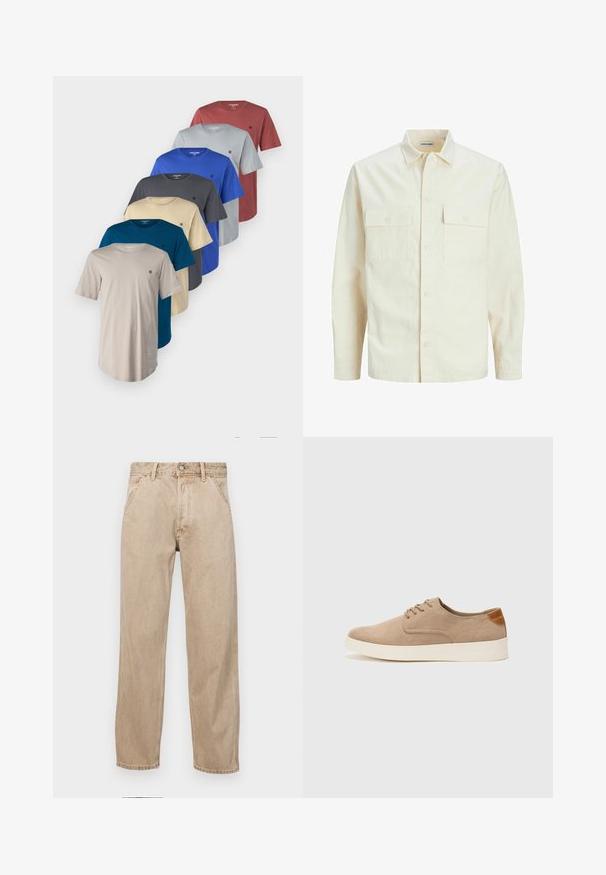 Lichtbeige langemouwen shirt met een kraaghalslijn, twee voorzakken, knoopsluiting en een gestructureerde stof.; Jack & Jones JPRBLABRODY TEE 7 PACK - T-shirt basic - royal blue/black/beige/grey/dark red; Beige denim jeans met een recht gesneden ontwerp, voorzien van voorzakken, een metalen knoopsluiting en een subtiele textuur.; Beige suède sneakers met een ronde neus, vetersluiting aan de voorkant en een getextureerde achteraccent. De witte rubberen zool zorgt voor contrast. Eenvoudig en modern ontwerp.