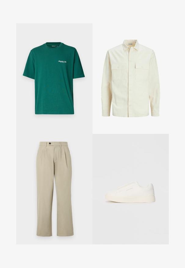 Light beige long-sleeve shirt with a collared neckline, two front pockets, button closure, and a textured fabric.; Abercrombie & Fitch Premium Polished Micro-Logo Tee - Basic T-shirt - rainforest; Beige trousers with a relaxed fit, featuring pleats, a button closure, side pockets, and straight legs. Smooth fabric texture.; White slip-on sneakers with a textured surface, a thick sole, and minimalistic design. Features brand logo on the side.