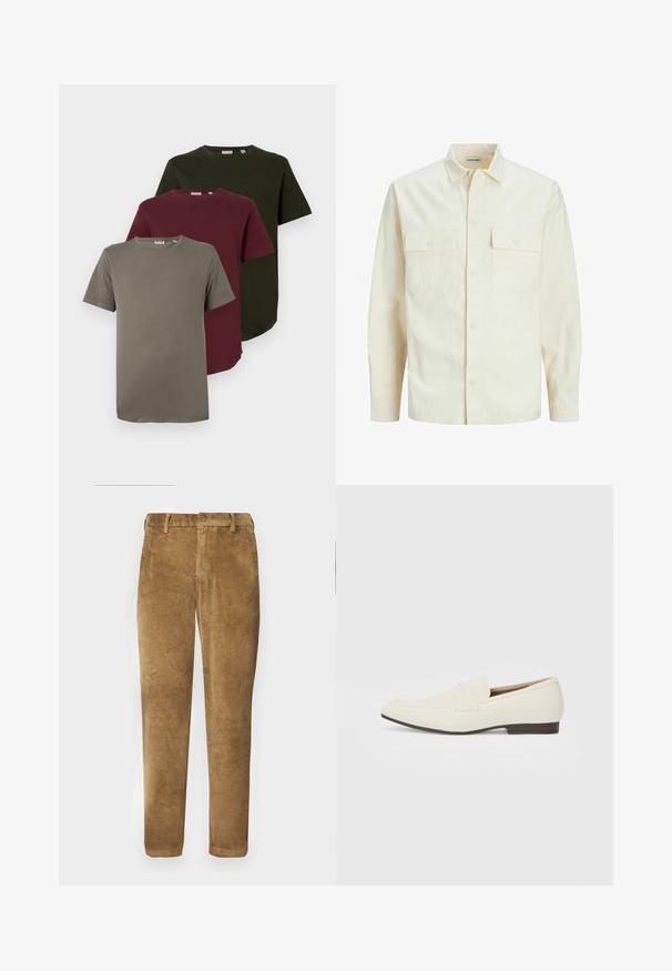 Camicia beige chiaro a maniche lunghe con colletto, due tasche frontali, chiusura a bottoni e un tessuto texturizzato.; Tre T-shirt a maniche corte in verde oliva, borgogna e grigio, realizzate in cotone morbido, con collo a giro e vestibilità comoda.; Pantaloni in corduroy marroni con texture a coste verticali, taglio dritto, chiusura con bottone e passanti per cintura. Tessuto morbido con una finitura liscia.; Mocassini beige chiaro con punta affusolata, materiale liscio, una fascia sulla tomaia e una suola bassa marrone. Design semplice con accenti minimi.