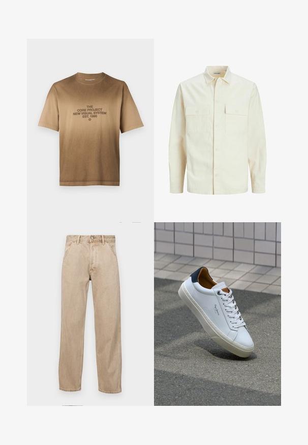 Kergedbež pika-särk pikkade varrukatega, krae ja kahe eespool asuva taskuga, nööpidega kinnitamine ja reljeefne materjal.; Pruun puuvillane T-särk lühikeste varrukatega, millel on keskel tumepruunis tekstiga graafika. Klassikaline ümar kaelus, sirge äär.; Bežidemini teksased sirgjoonise kujundusega, front pocket'itega, metallist nööbi kinnitusega ja peene tekstuuriga.; Valge nahast tennis, millel on tumesinine konts, ümmargune nina ja kontrastsed pruuni aktsendid. Omab lamepaelti ja tekstureeritud kummist tallat.