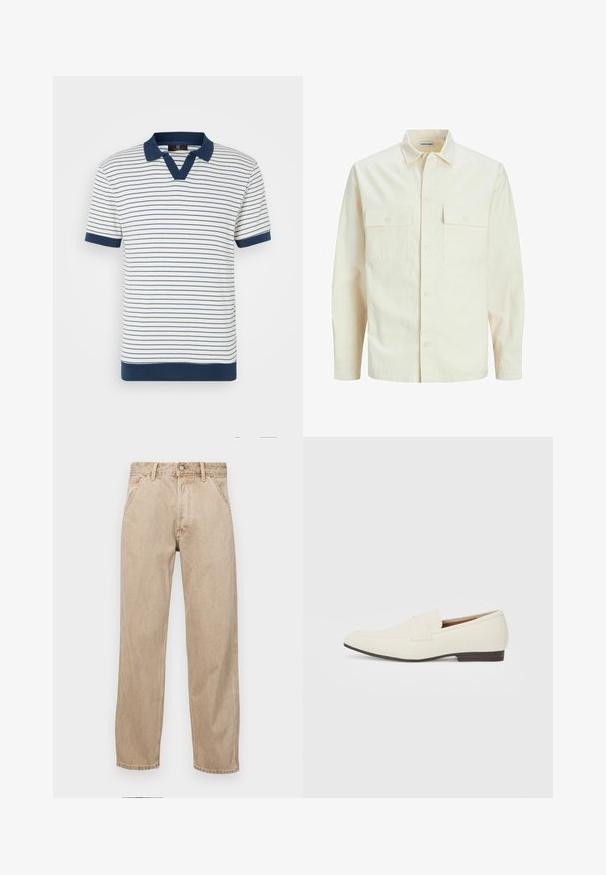 Kergedbež pika-särk pikkade varrukatega, krae ja kahe eespool asuva taskuga, nööpidega kinnitamine ja reljeefne materjal.; Ribaga puuvillane polo särk, millel on vertikaalsed tumesinised ja valged triibud, tumesinine krae ja mansetid ning V-kaelus. Pehme tekstuur.; Bežidemini teksased sirgjoonise kujundusega, front pocket'itega, metallist nööbi kinnitusega ja peene tekstuuriga.; Heledadbeez loafers, millelise lõpp, sile materjal, rihm üle vampi ja madal pruun talla. Lihtne disain minimaalse aktsentidega.