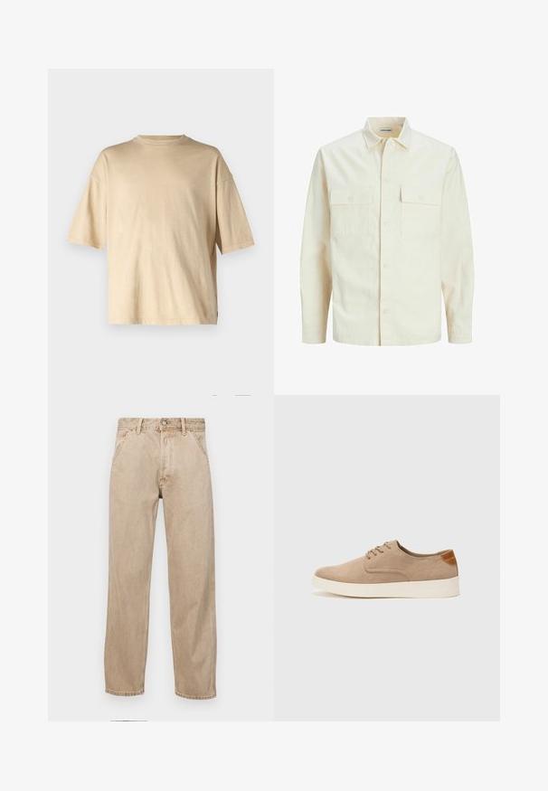 Šviesiai smėlio spalvos ilgomis rankovėmis marškiniai su apykakle, dviem priekinėmis kišenėmis, mygtukų uždarymu ir tekstūruota medžiaga.; Jack & Jones JJECHARGE FADED TEE - Paprasti marškinėliai - humus; Smėlio spalvos džinsai su tiesia kojų siluetu, turintys priekinę kišenę, metalinį mygtuką ir subtilią tekstūrą.; Bežiniai zomšiniai sportbačiai su apvaliomis pirštų dalimis, raišteliais priekyje ir tekstūruotu užkulniu. Balta guma suteikia kontrastą. Paprastas ir modernus dizainas.