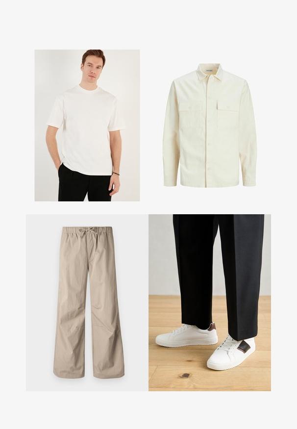 Light beige long-sleeve shirt with a collared neckline, two front pockets, button closure, and a textured fabric.; White short-sleeve t-shirt made of cotton, featuring a round neckline and relaxed fit. Worn with black trousers, plain texture, no patterns.; Beige wide-leg pants with an elastic waistband and drawstring. Smooth texture, two side pockets, and minimal seams for a relaxed fit.; White sneakers with smooth texture, featuring brown leather accents and black detailing, paired with black tailored pants. Wooden floor background.