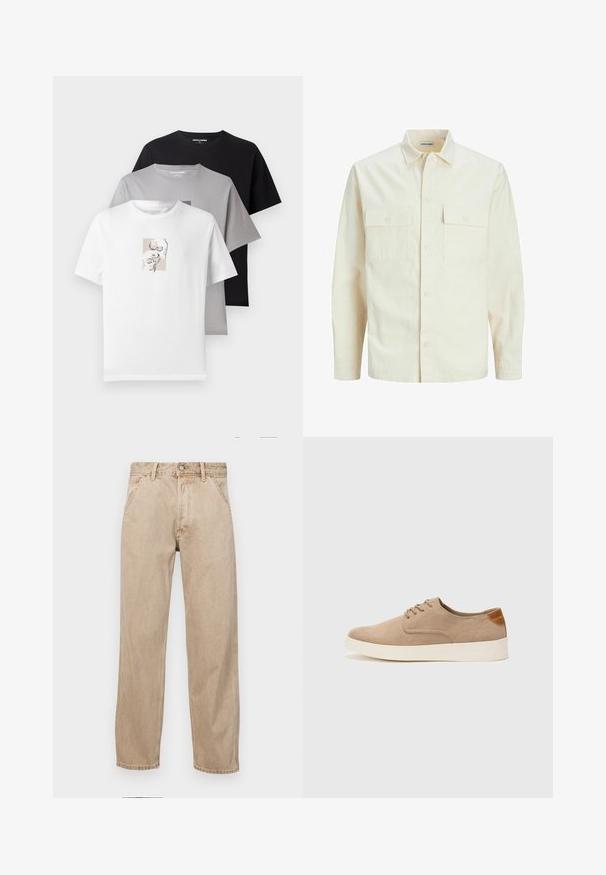 Gai bēšs garām piedurknēm krekls ar apkakles izgriezumu, divām priekšējām kabatām, pogu aizdari un teksturētu audumu.; Trīs T-kreklu komplekts baltā, pelēkā un melnā krāsā. Īsas piedurknes, apaļas kakla izgriezumi. Baltajam krekla ir diskrēts grafiskais dizains ar skeletiem. Izgatavoti no kokvilnas.; Beige džinsi ar taisnu kāju dizainu, ar priekšējiem kabatām, metāla pogu aizdari un smalku faktūru.; Beige zamšādas kedas ar noapaļotu purngala daļu, auklēm saplacinātu priekšpusi un teksturētu aizmugures akcentu. Balta gumijas zole nodrošina kontrastu. Vienkāršs un mūsdienīgs dizains.