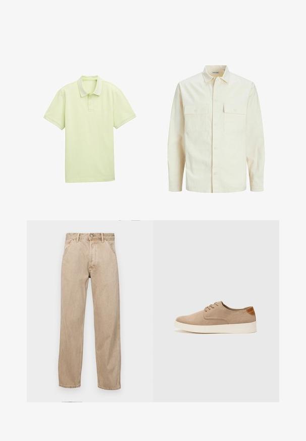 Světle béžová košile s dlouhým rukávem, límečkem, dvěma předními kapsami, zapínáním na knoflíky a strukturovanou tkaninou.; Světlá zelená polokošile, krátké rukávy, měkká látka, dvouknoflíkový zapínací límec, bílé pruhy na límci a okrajích rukávů. Jednoduché logo na přední straně.; Béžové džíny z denimu se středně širokým střihem, vybavené předními kapsami, kovovým zapínáním na knoflík a jemnou texturou.; Béžové semišové tenisky s kulatou špičkou, šněrováním vpředu a texturovaným zadním akcentem. Bílá gumová podrážka poskytuje kontrast. Jednoduchý a moderní design.